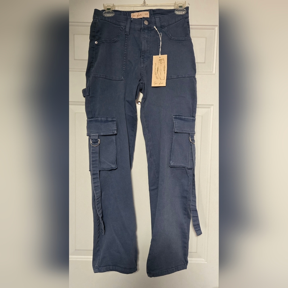 Gen Glam Cargo Pocket Pants Womens 3/27 Mid Rise Washed Blue Y2K Vintage NWT $89